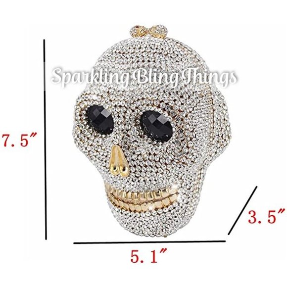 NWT Sparkling Bling Crystal Rhinestone Skull Clutch Purse Silver Gold +G…